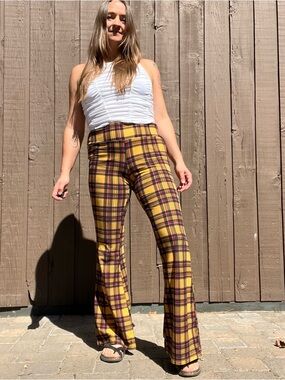Yellow Plaid Flare Pants Retro 70s Bell Bottom Stretch High Waist Festival